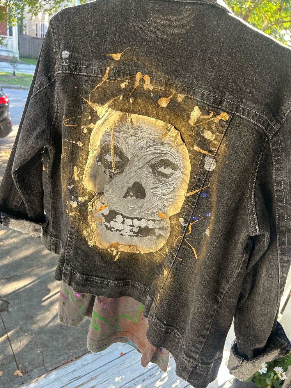 Chico's Black Denim Jacket with Gold & White Skull Art MISFITS